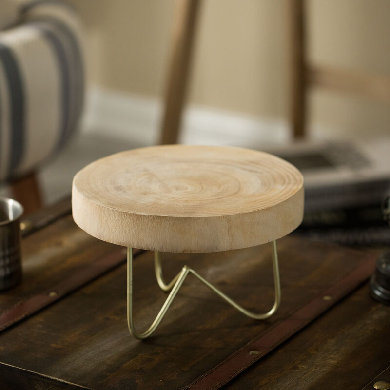 Decorative Natural Round Wood Tree Slice Serving Tray with Gold Metal Stand