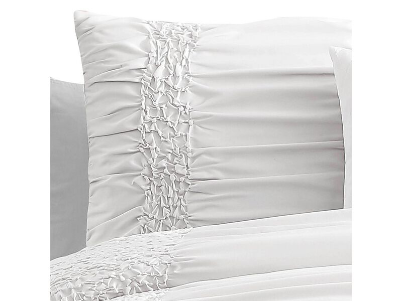 4 Piece Twin Comforter Set with Ruching Details, White - Benzara