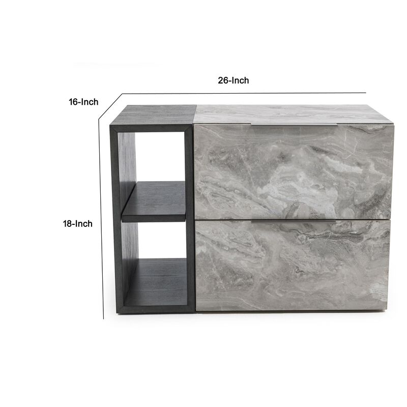 Noe Minn 26 Inch Nightstand, 2 Drawers, Faux Marble Front Panels, Gray-Benzara
