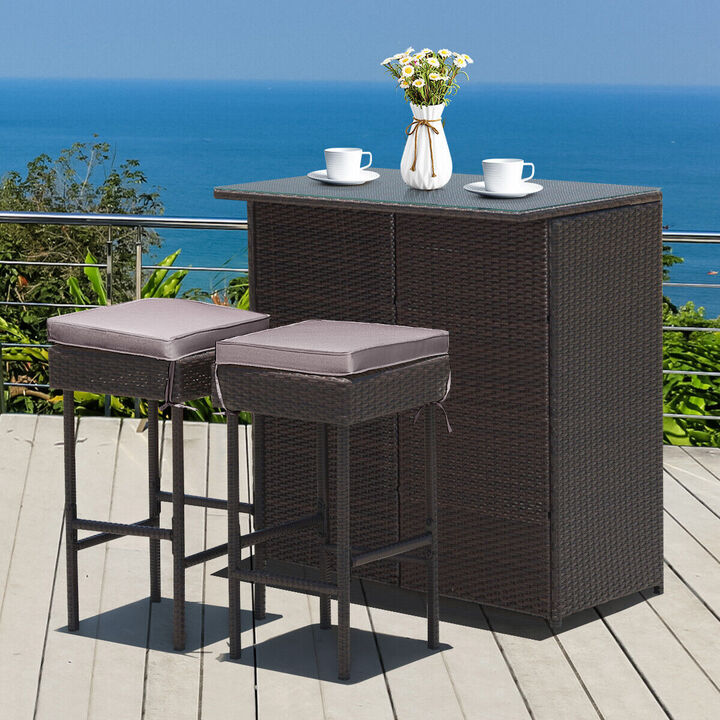 3PCS Patio Rattan Wicker Bar Table Stools Dining Set
