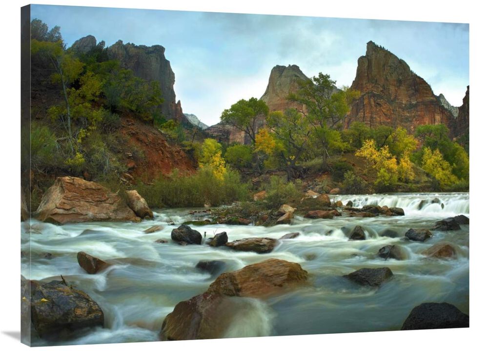 Court of the Patriarchs rising above river, Zion National Park, Utah-Canvas Art-40x30