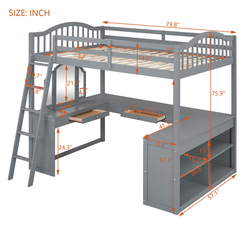 Merax Loft Bed with U-shaped Desk and Tri-fold Mirror