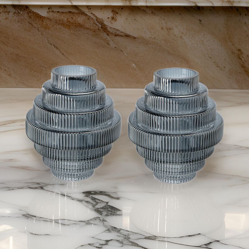 Rae Set of 2 Glass Vases, Geometric Round, Smokey Blue and Clear Finish-Benzara