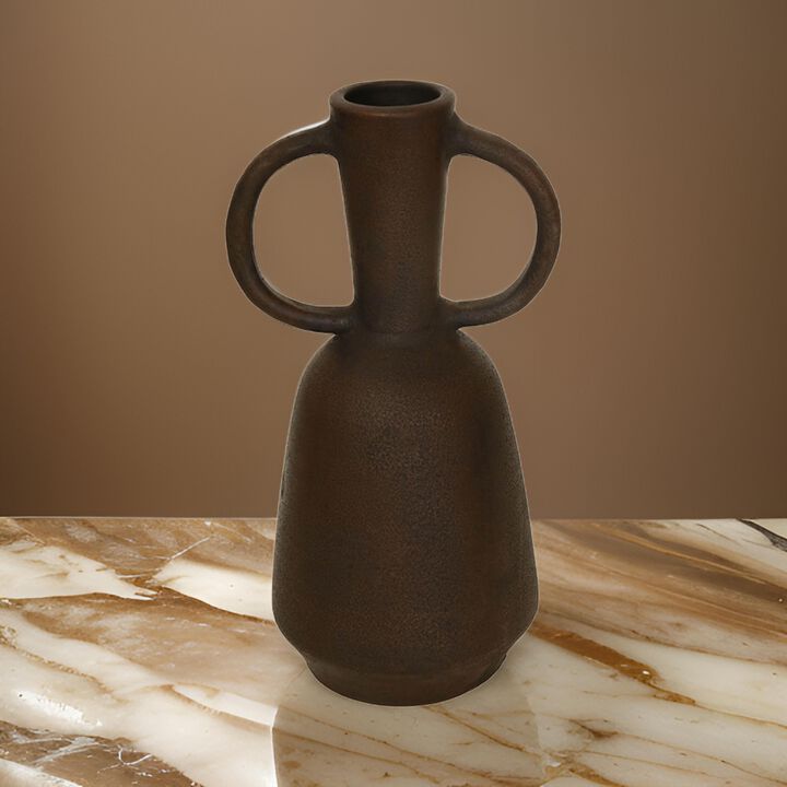 Adea Flower Vase, Antique Style Amphora Shape, Thin Neck, Brown Terracotta - Benzara