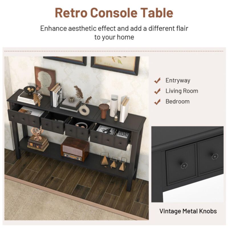Hivvago 60 Inch Long Sofa Table with 4 Drawers and Open Shelf for Living Room-Espresso
