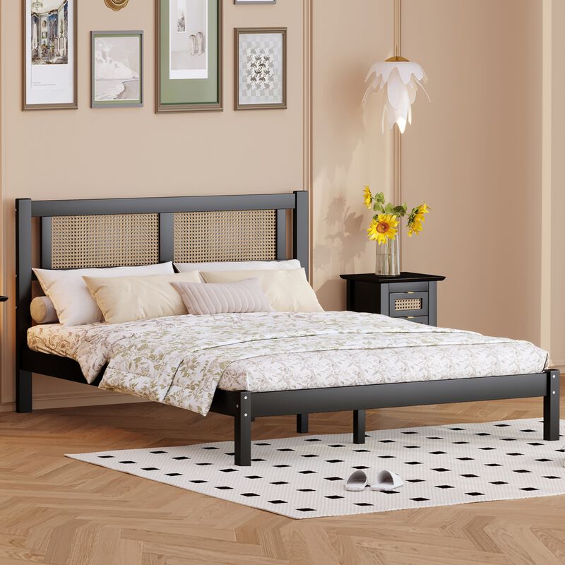 Merax Wood Platform Bed with Natural Rattan Headboard