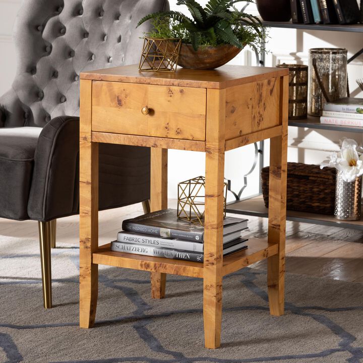 bali & pari Ghina Modern and Contemporary Natural Light Mappa Burl Wood 1 Drawer Nightstand