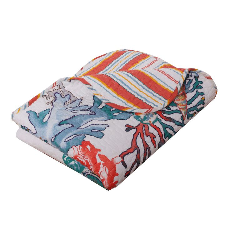 Wade 50 x 60 Quilted Throw Blanket with Fill, Corals and Seashells Design - Benzara