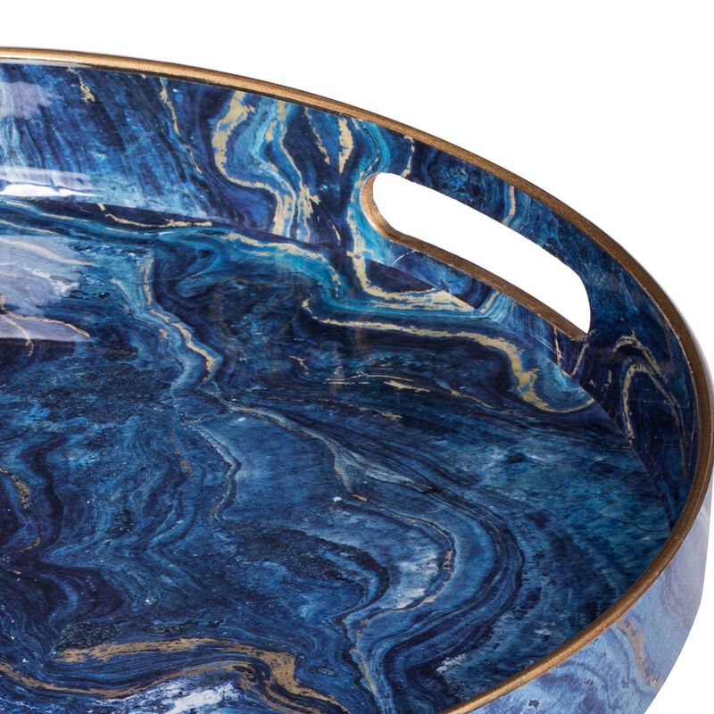 Set of 2 Round Accent Trays, Tabletop Decor, Marbling, Blue, Gold Marbling - Benzara