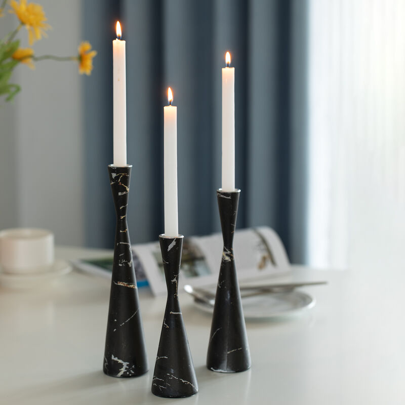 Marble Resin Candle Holders - Set of 3 Exquisite Decorative Taper Candlesticks for Luxurious Home Decor, Elegant Dining Table Centerpieces, Stylish Interior Accents, and Exclusive Event Illumination, Black