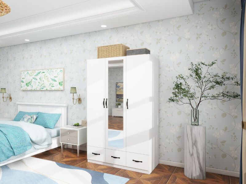 White Armoire Wardrobe Closet with 3 Doors Wooden Bedroom Armoires Clothes, Wood Wardrobe Closets Storage Cabinet with Hanging Rod Shelves Drawers Closets