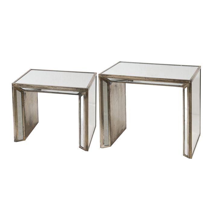 27, 21 Inch Nesting Side Table Set of 2, Mirrored Wood Frame, Silver - Benzara