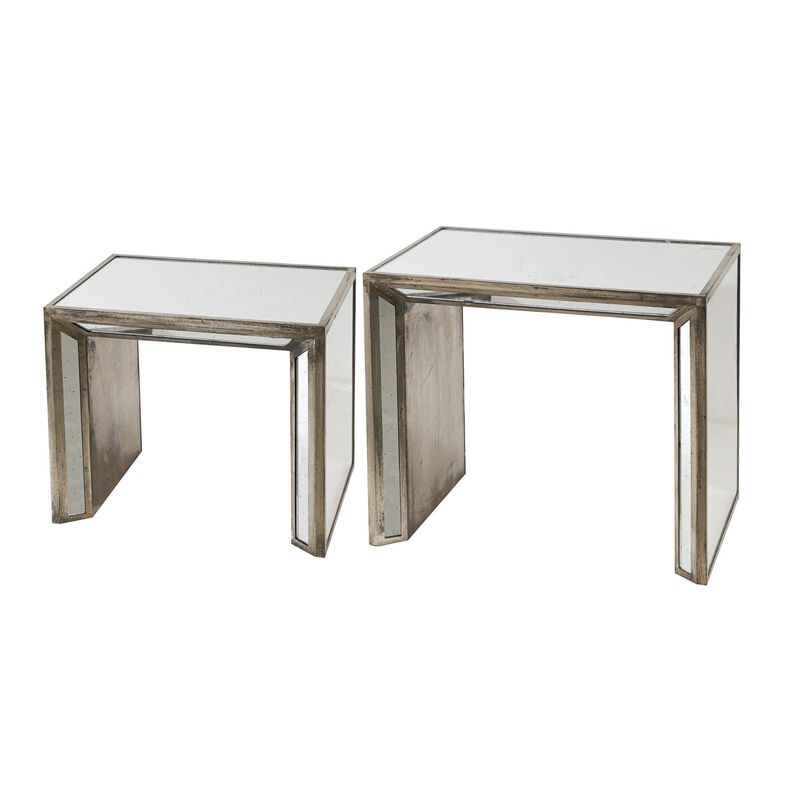 27, 21 Inch Nesting Side Table Set of 2, Mirrored Wood Frame, Silver - Benzara
