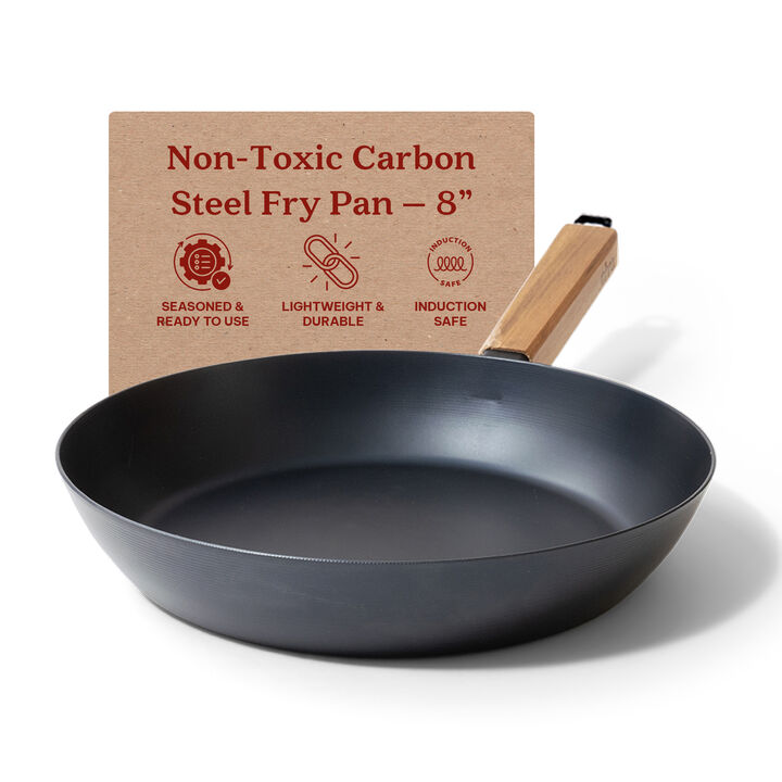Alva Forest Carbon Steel Pan 8" Pre-Seasoned with Natural Mineral Oil, Acacia Wood Stay Cool Handle Nonstick Frying Pan for Searing Steak, Non Toxic, Compatible with All Stovetops & Induction Safe