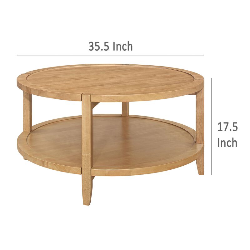 Camilia Coffee Table, 1 Shelf, Round Maple Brown Solid Wood, 36 Inch  - Benzara