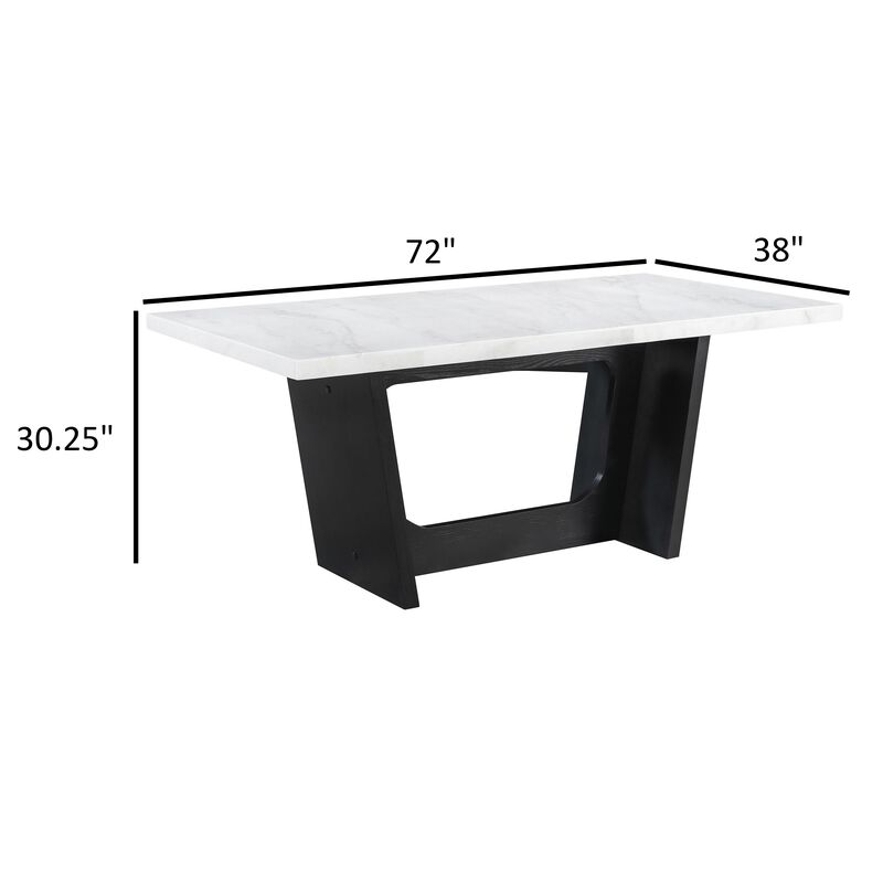 Shoy 72 Inch Dining Table, Rectangular White Marble Top, Trestle, Brown - Benzara