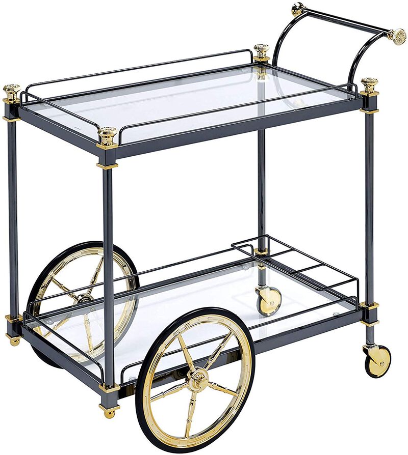 Metal Framed Serving Cart with Glass Shelves and Side Handle, Black and Gold - Benzara