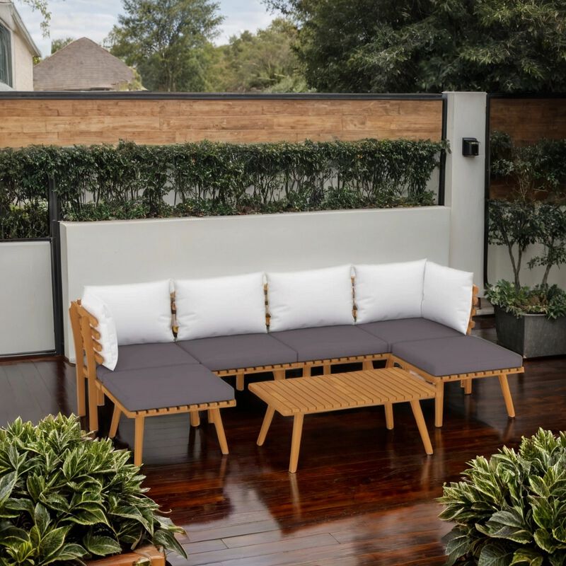 Roma 7pc Outdoor Modular Sofa Set, Table, White Cushions, Acacia Wood - Benzara