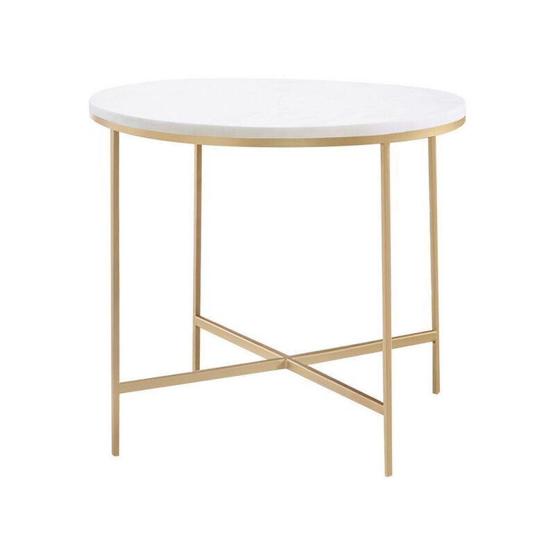 24 Inch Side End Table, Rounded Marble Surface, Sleek Gold Metal Frame-Benzara