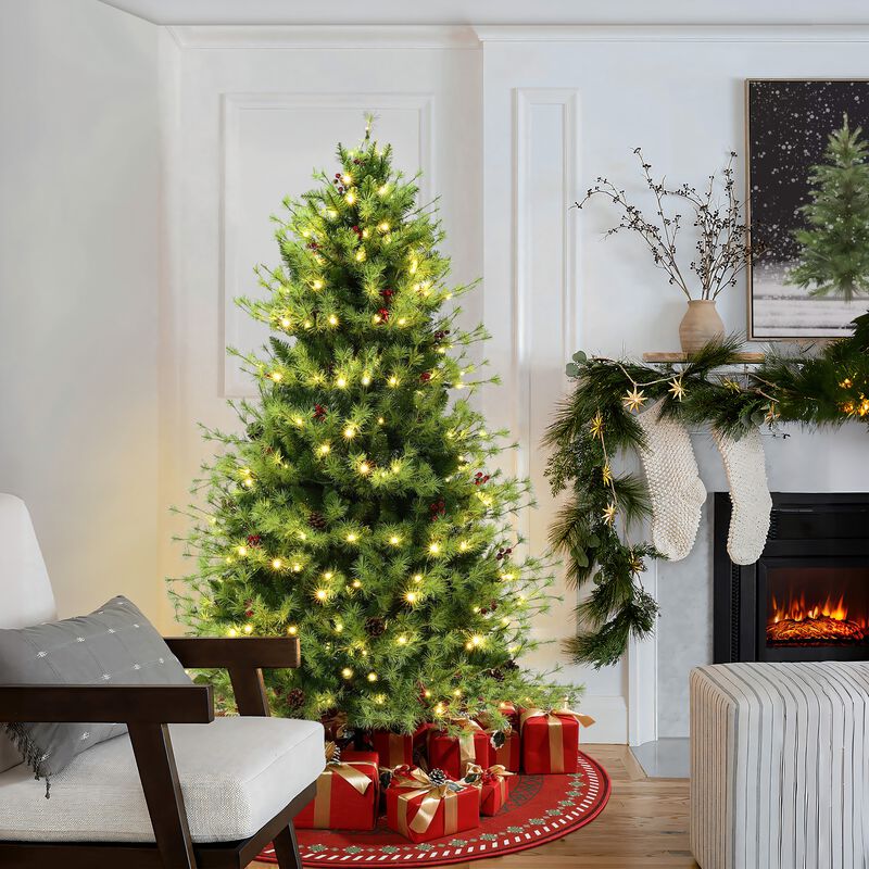 LuxenHome 6Ft Pre-Lit Green Full Artificial Pine Christmas Tree with 8 Light Functions