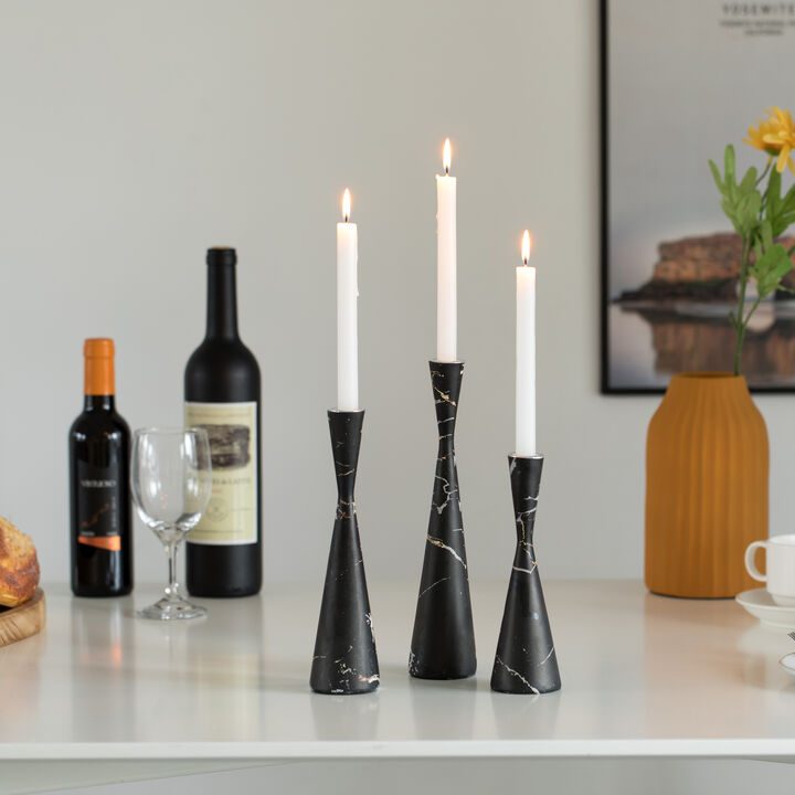 Marble Resin Candle Holders - Set of 3 Exquisite Decorative Taper Candlesticks for Luxurious Home Decor, Elegant Dining Table Centerpieces, Stylish Interior Accents, and Exclusive Event Illumination, Black