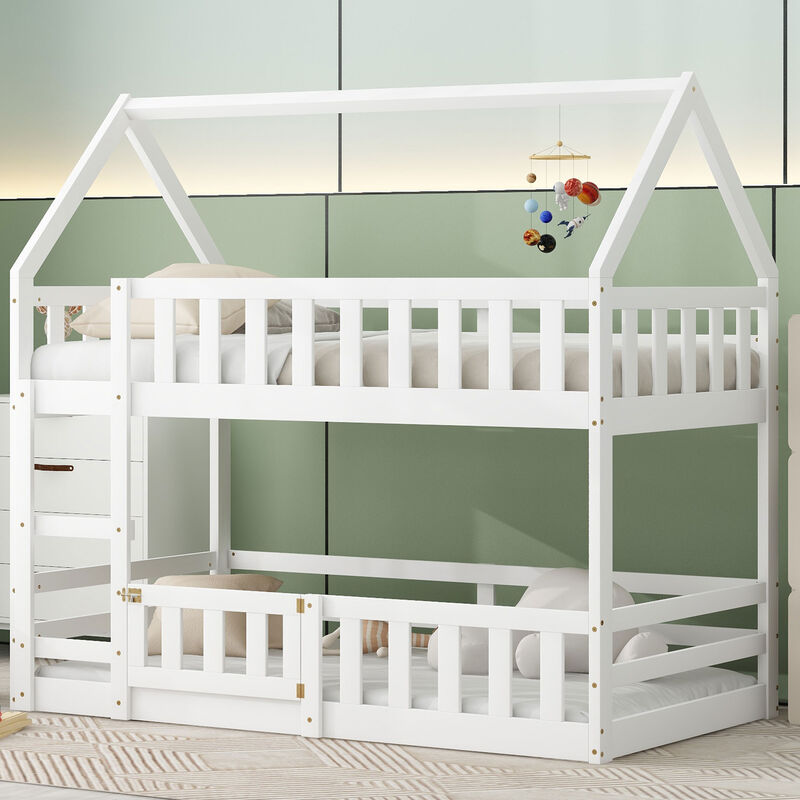 Merax House Bunk Bed with Fence and Door