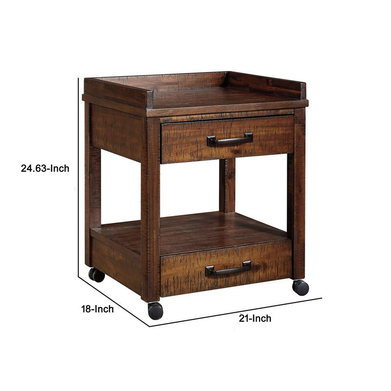 Wooden Printer Stand, 2 Drawers, 1 Open Compartment, Brown - Benzara