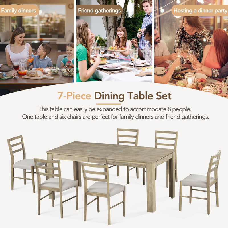 7-Piece Wooden Dining Table Set Mutifunctional Extendable Table With 12" Leaf And 2 Drawers