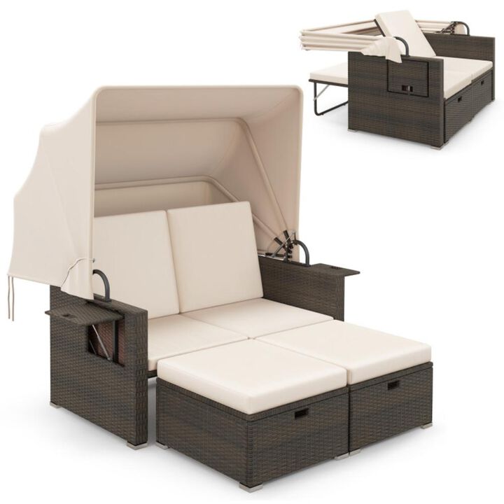 Hivvago Outdoor Patio Rattan Daybed with Retractable Canopy and Adjustable Backrests