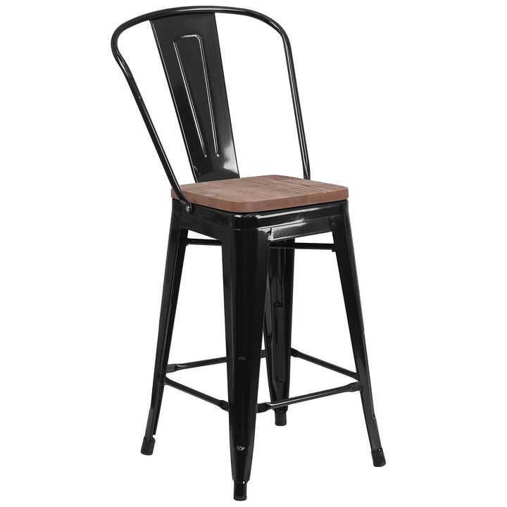 Flash Furniture Lily 24" High Black Metal Counter Height Stool with Back and Wood Seat