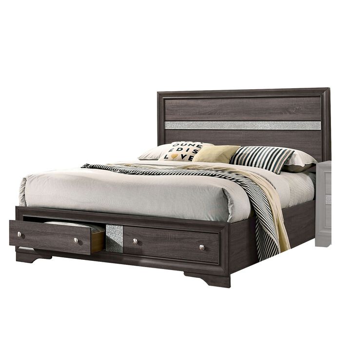 Queen Bed with Plank Headboard and 2 Drawers, Brown and Silver-Benzara
