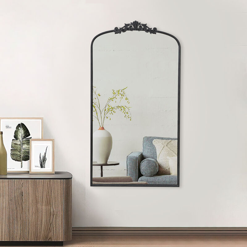 Kea 66 Inch Wall Mirror, Black Curved Metal Frame, Ornate Baroque Design