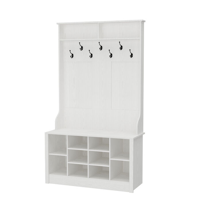 68.5 in. White Wood 3-in-1 Hall Tree Coat Rack Storage Bench with 7-Metal Double Hooks and Shelves