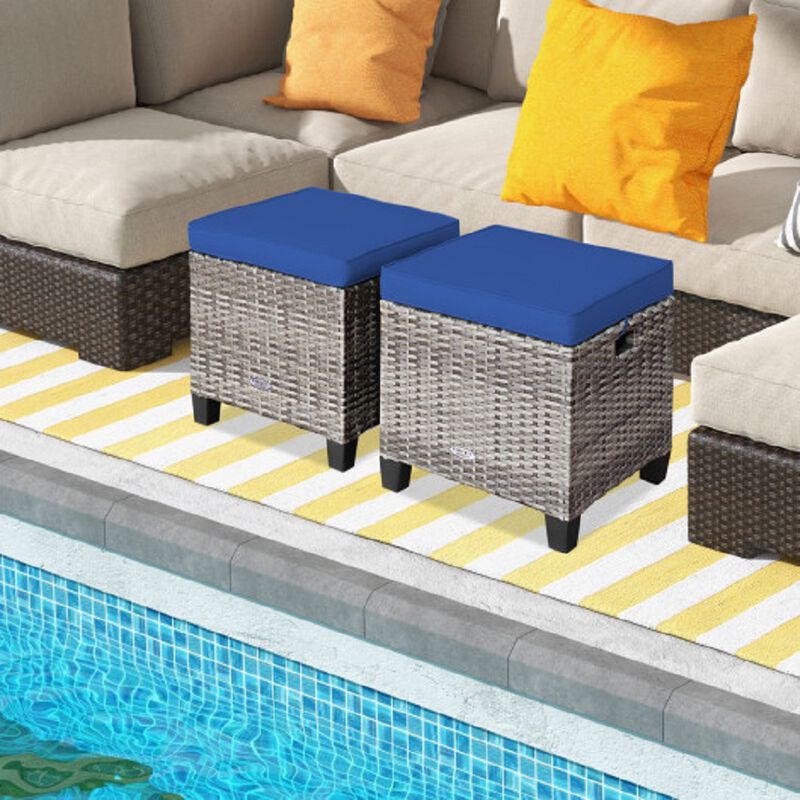 2PCS Patio Rattan Wicker Ottoman Seat with Removable Cushions