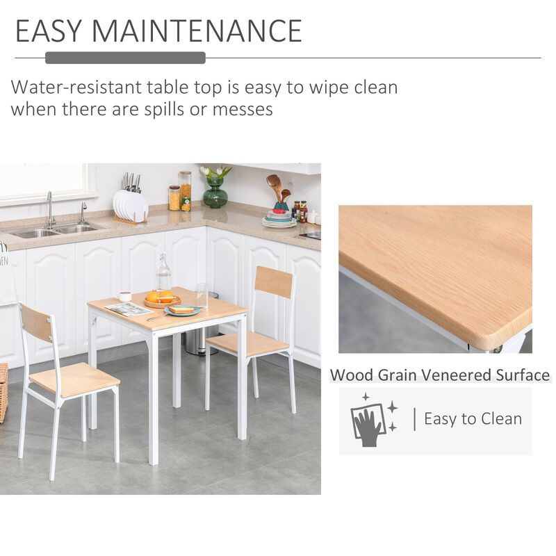 Oak Compact Dining: 3-Piece Set with Wooden Table and Metal Chairs