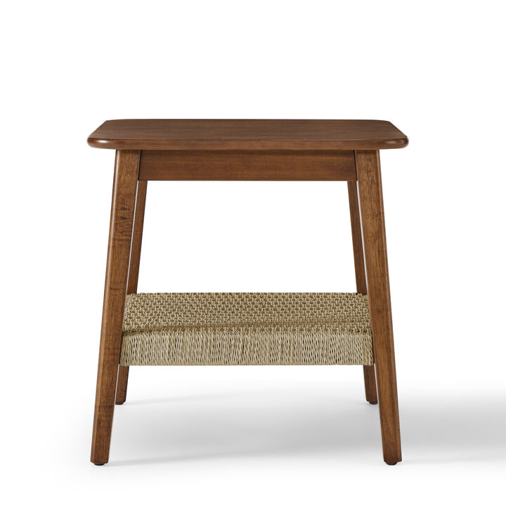 Boho Mid-Century Woven Side Table with Storage