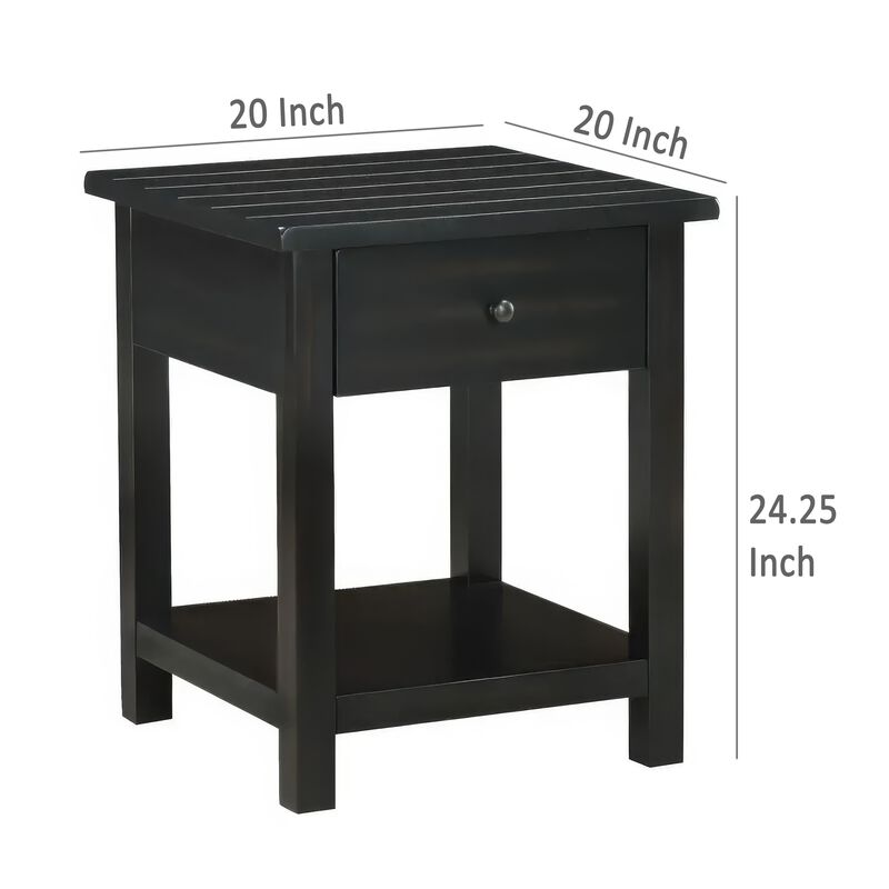 Ayne Side End Table, 1 Shelf, 1 Drawer, Black Wood, Square 20 Inch - Benzara