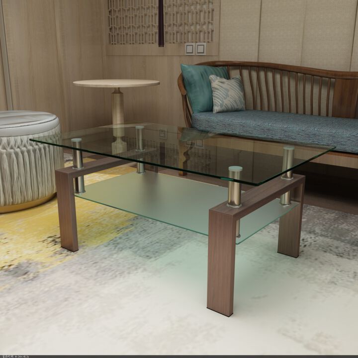 Rectangle Walnut Glass Coffee Table, Clear Coffee Table, Modern Side Center Tables