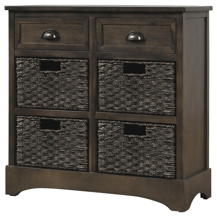 Rustic Storage Cabinet With Two Drawers And Four Classic Rattan Basket