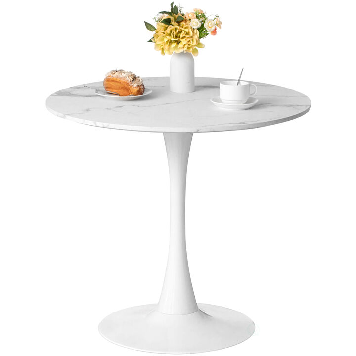 31.5" White Round Tulip Table with Modern Marble Painting Top and Sturdy Wooden Pedestal Stand, MDF Accent Dining Table