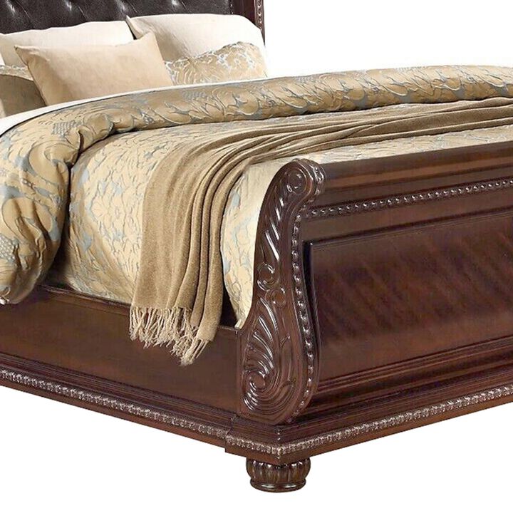 Mano Queen Bed, Faux Leather Upholstery, Classic Floral Carved, Brown Wood - Benzara