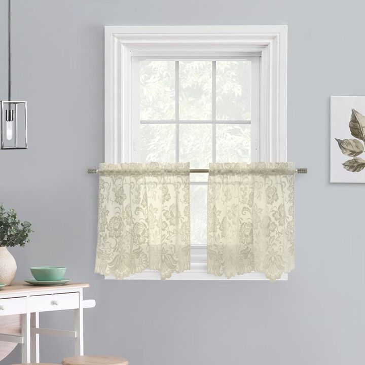 Habitat Limoges Sheer Rod Pocket Curtain Tiers for Any Room Floral Lace Design Soft Selvedge Sides Pair Each 55" x 36" Ivory