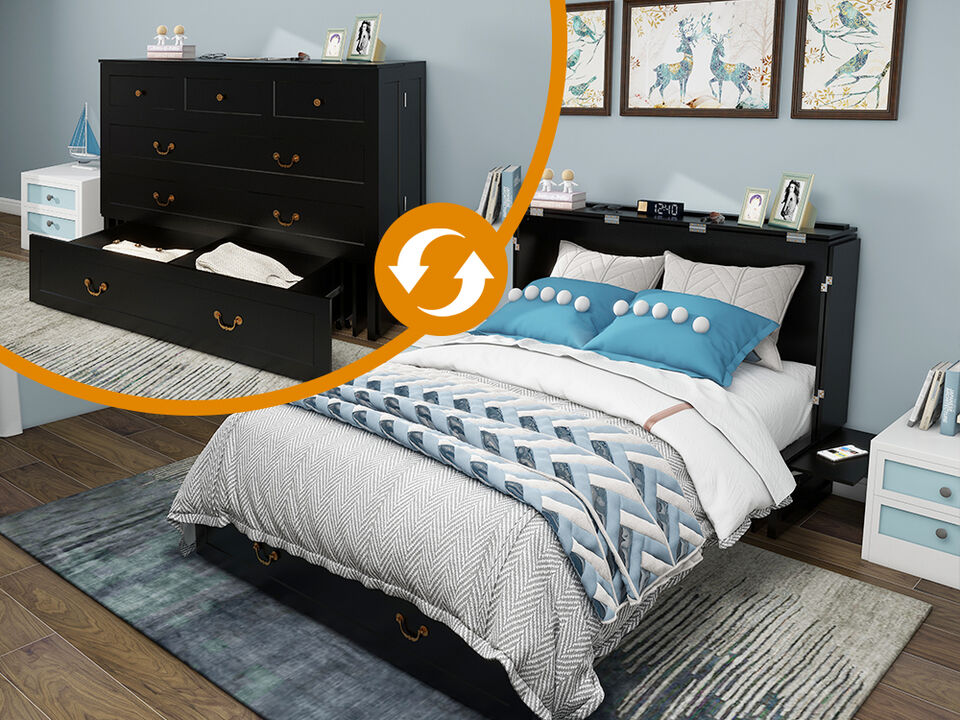 Queen Murphy Bed, Murphy Bed with Drawer Includes Storage Cabinet,USB and Charging Port, Murphy Bed Queen Suit for Guest Room, Black Cabinet Bed Guest Bed