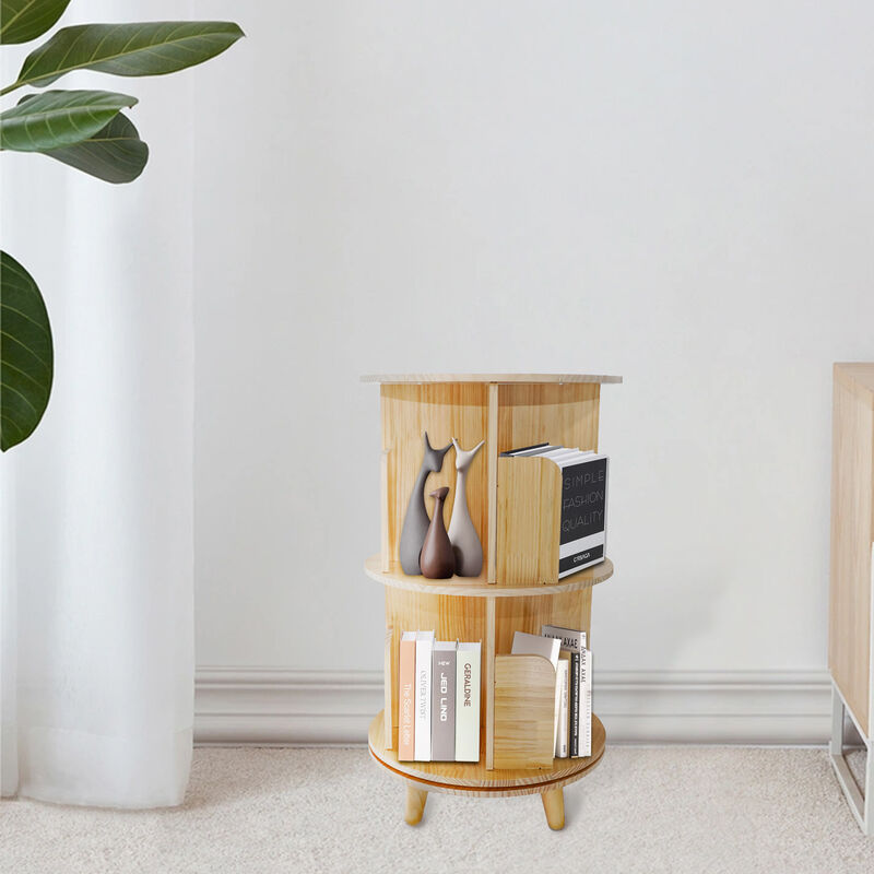 Rotating 2-Layer Bookcase, 360° Pine Wood Bookshelf with Display Rack for Home or Office