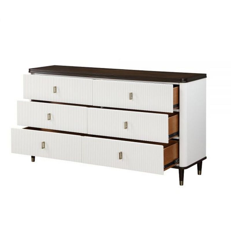 Benjara Aren 67 Inch Wide Dresser Chest, Jewelry Tray, 6 Drawers, Solid Wood, White and Brown