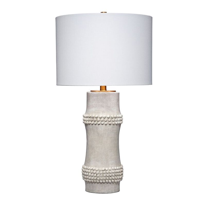 Lemy 28 Inch Table Lamp, Round Linen Drum Shade, Dotted White Base - Benzara