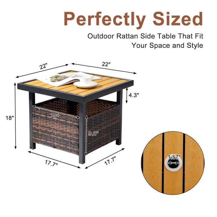 Outdoor Wicker Side Table with Umbrella Hole and Storage Shelf