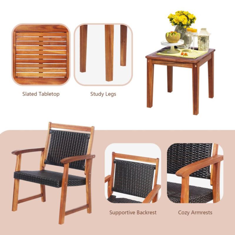 Hivvago 3 Pieces Rattan Bistro Set with Acacia Wood Frame for Garden