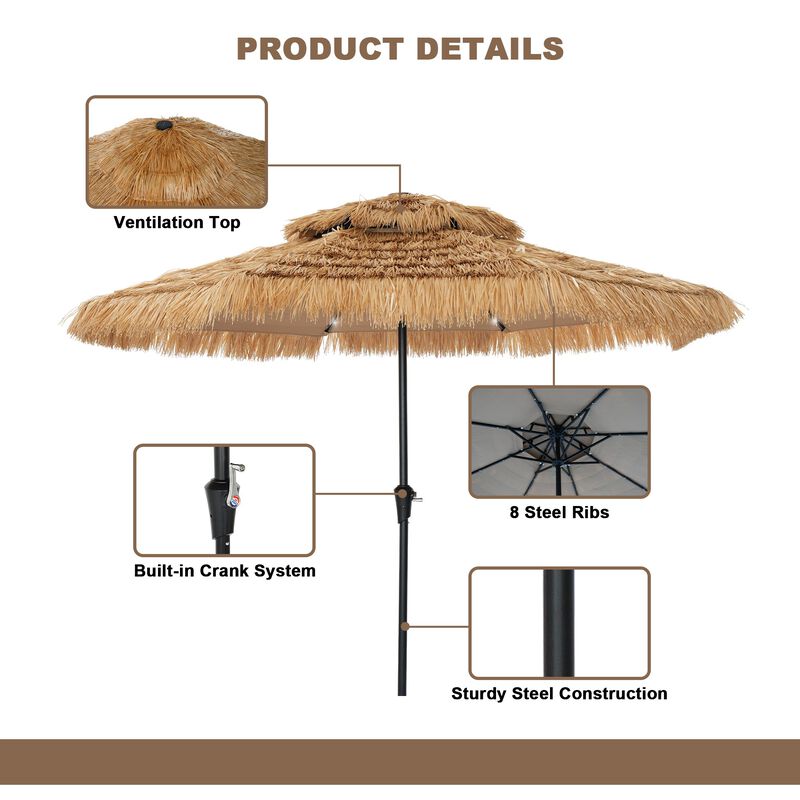 Mondawe 9 ft Hawaiian Style Crank Design 2 Tier Straw Patio Umbrella Shade with LED Light