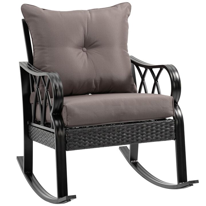 Grey Porch Rocker: Wicker Chair with Cushions and Aluminum Frame